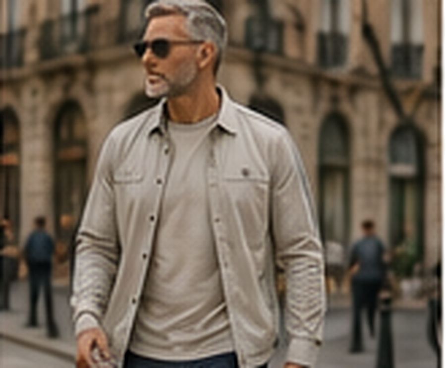 A man in a KINCE overshirt on a city street