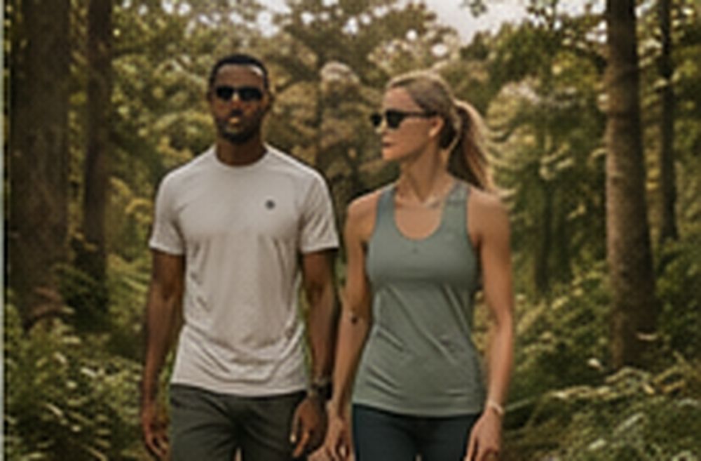 A man and woman walking in woodland in KINCE