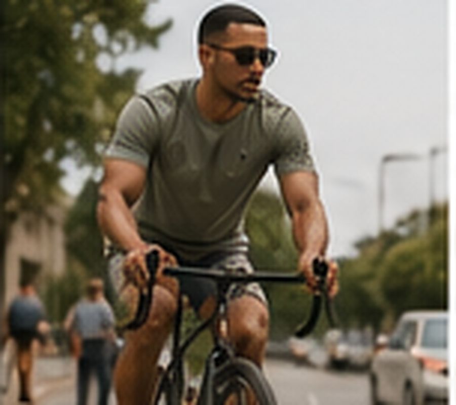 A man cycling to work in a KINCE tee