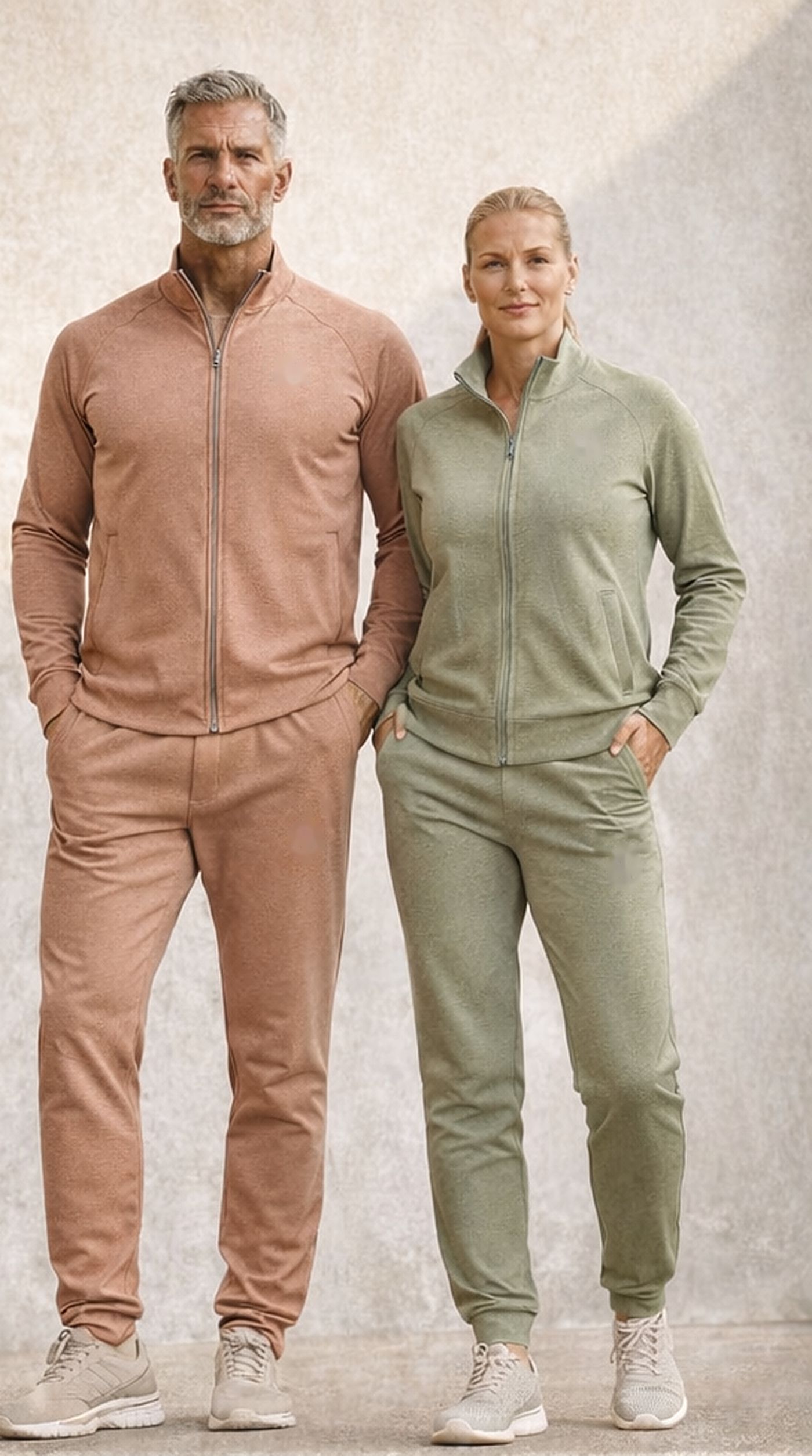 A man and woman in KINCE structured casual tracksuits in copper and soft olive