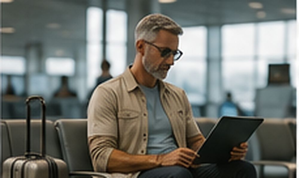 A man working in an airport lounge in a KINCE overshirt